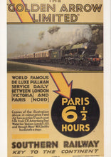 Load image into Gallery viewer, Vintage advertisement poster for 'The Golden Arrow Limited' train service between London and Paris.