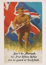 Load image into Gallery viewer, Vintage postcard of a soldier with a rifle in front of a British flag, featuring text about the Post Office Rifles.