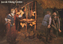 Load image into Gallery viewer, Illustration of a Viking scene with people around a wooden stand, featuring the Jorvik Viking Centre logo.