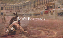 Load image into Gallery viewer, Vintage-style illustration of a gladiatorial combat scene with 'Mo's Postcards' branding.