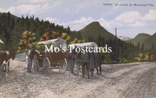 Load image into Gallery viewer, Vintage-style postcard with horse-drawn carriages on a mountain road, featuring the text 'Mo's Postcards'.