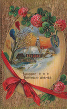 Load image into Gallery viewer, Vintage-style birthday card with a church, flowers, and a red ribbon on a textured background.