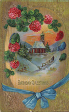 Load image into Gallery viewer, Vintage-style birthday card with a scenic illustration of a house and mountains, surrounded by red flowers and green leaves, tied with a blue ribbon.