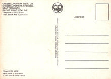 Load image into Gallery viewer, Back of a postcard from Chessell Pottery with contact information and product description.