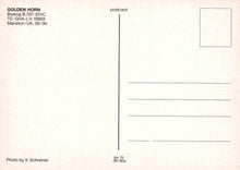 Load image into Gallery viewer, Back of a postcard with text and a line for writing, featuring 'Golden Horn' and 'Boeing B.707-324C'.