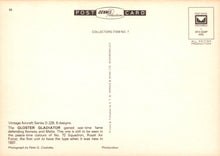 Load image into Gallery viewer, Back of a vintage postcard with text about the Gloster Gladiator aircraft, featuring the Post Dennis Productions logo.