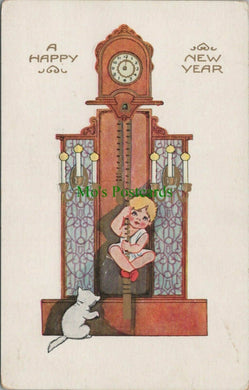 Embossed Greetings Postcard - A Happy New Year, Clock, Cat, Child RS27917