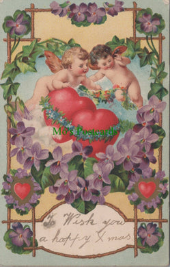 Christmas Greetings Postcard - Cherubs, Love Hearts and Flowers SW10396