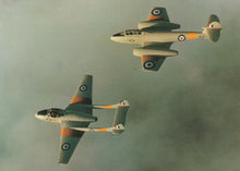Load image into Gallery viewer, Military Aviation Postcard - The Royal Air Force Central Flying School - DH.115 Vampire T.11 &amp; Gloster Meteor T.7 - Mo’s Postcards 
