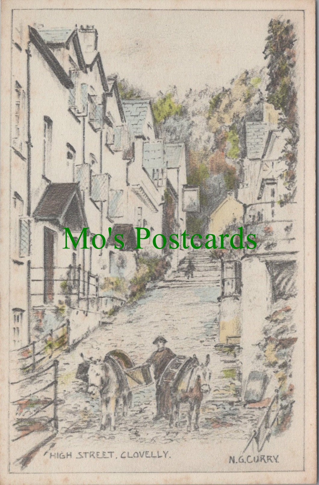 Devon Postcard - High Street, Clovelly, Artist N.G.Curry HP209