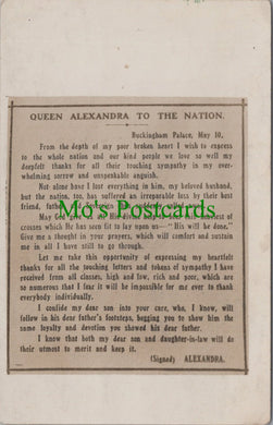 Royalty Postcard - Queen Alexandra To The Nation  SW12507