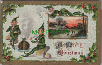 Embossed Greetings Postcard - A Merry Christmas, Three Elves SW11238