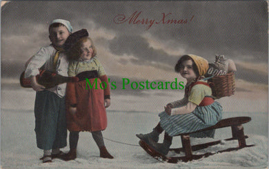 Greetings Postcard - Merry Xmas, Children, Snow, Sleigh SW12628