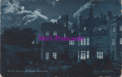 Vintage-style postcard with a dark castle at night, moonlit sky, and 'Mo's Postcards' text.