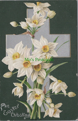 Embossed Greetings Postcard - An Easter Greeting. Cross and Flowers SW13811