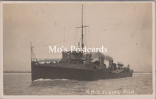 Load image into Gallery viewer, Vintage black and white photograph of a ship labeled &#39;H.M.S. Flying Fish&#39; on a postcard.
