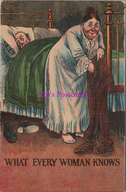 Comic Postcard - Couple, Marriage, Bed, Trousers, Secrets SW14615