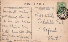 Load image into Gallery viewer, Vintage postcard with handwritten text and a stamp, featuring the address &#39;Calehill Park, Asford, Kent&#39;.
