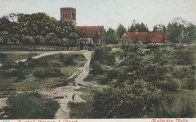 Vintage postcard of a church and surrounding greenery with a path leading to it.