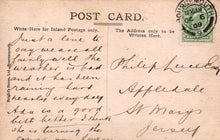Load image into Gallery viewer, Vintage postcard with handwritten text and a stamp, featuring the address &#39;Appledale St Mary Jersey&#39;.
