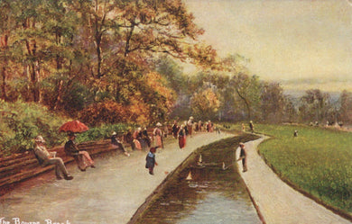 Painting of a park scene with people walking along a path by a pond.