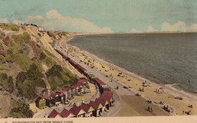 Vintage-style illustration of a coastal scene with a beach and buildings.