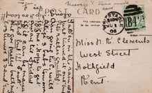 Load image into Gallery viewer, Vintage postcard with handwritten text and stamps, featuring a scenic view.
