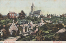 Load image into Gallery viewer, Vintage postcard of a cemetery with a church and gravestones in Nottingham, England.
