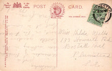 Load image into Gallery viewer, Vintage postcard with handwritten text and postage stamp, featuring a logo and text at the top.

