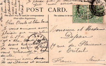 Load image into Gallery viewer, Vintage postcard with stamps and cursive writing, featuring a green stamp and a red stamp.
