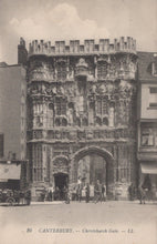Load image into Gallery viewer, Vintage photograph of Christchurch Gate in Canterbury, featuring a large stone gatehouse with people gathered around.
