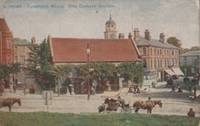 Load image into Gallery viewer, Vintage postcard of King Charles&#39; Church in Tunbridge Wells with horse-drawn carriages and people.

