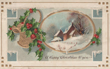 Load image into Gallery viewer, Vintage-style Christmas card with a bell, holly, and snowy village scene.
