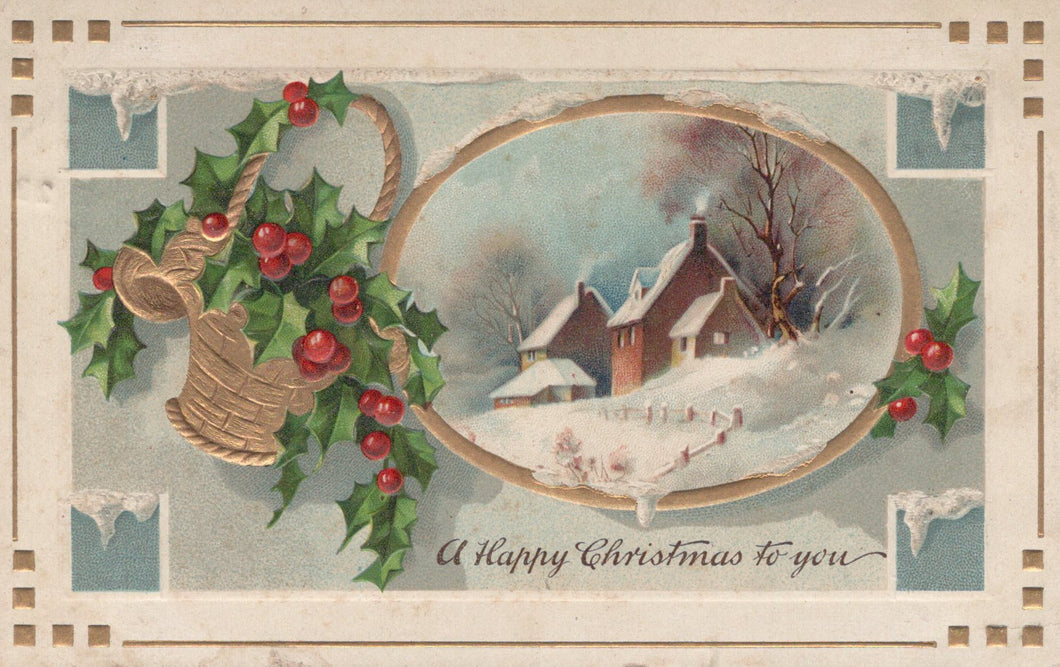 Vintage-style Christmas card with a bell, holly, and snowy village scene.