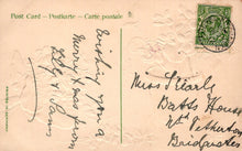 Load image into Gallery viewer, Vintage postcard with handwritten text and a stamp on a textured background
