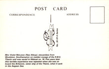 Load image into Gallery viewer, Back of a postcard with Rembrandt logo and text about Mrs. Violet McLaren on the RMS Titanic.

