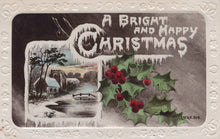 Load image into Gallery viewer, Vintage Christmas card with icy landscape and holly, featuring &#39;A Bright and Happy Christmas&#39; text.
