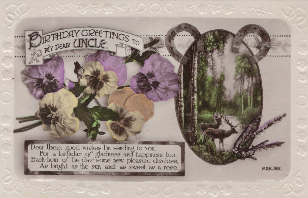 Vintage birthday card for an uncle with floral design and nature scene, featuring text and a deer illustration.