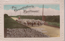 Load image into Gallery viewer, Vintage birthday card with a shepherd and sheep on a road, text overlay.
