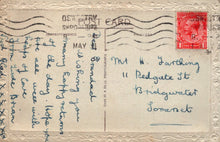 Load image into Gallery viewer, Vintage postcard with handwritten text and a red stamp, featuring the address &#39;Mt H. Farthing, 11 Redgate St, Bridgwater, Somerset&#39;.
