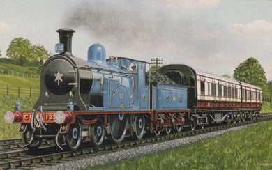 Vintage-style illustration of a steam locomotive with a passenger car on tracks.