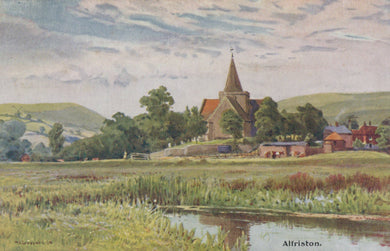 Painting of a village with a church and surrounding greenery