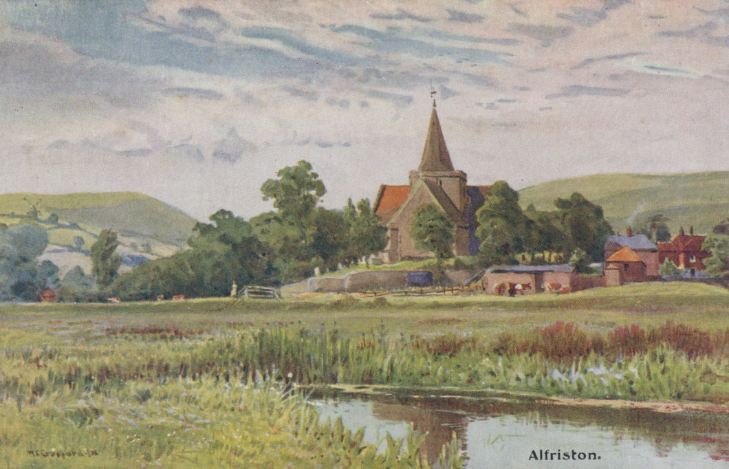 Painting of a village with a church and surrounding greenery