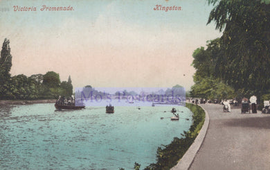 Vintage postcard of a lake with boats and a promenade, featuring text 'Victoria Promenade, Kingston'.