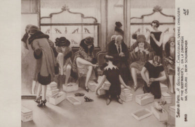 Vintage black and white photo of women trying on shoes in a store