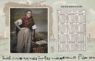 Vintage calendar card with a woman and a calendar for 1907 on a decorative background.