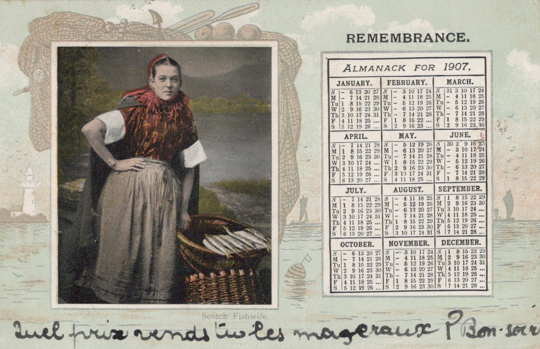 Vintage calendar card with a woman and a calendar for 1907 on a decorative background.