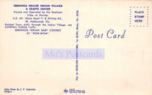 Load image into Gallery viewer, Back of a postcard from Seminole Okalee Indian Village &amp; Crafts Center with text and branding.
