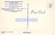 Load image into Gallery viewer, Back of a postcard from Seminole Okalee Indian Village &amp; Crafts Center with text and branding.
