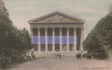 Vintage postcard of La Madeleine in Paris with classical architecture and trees.